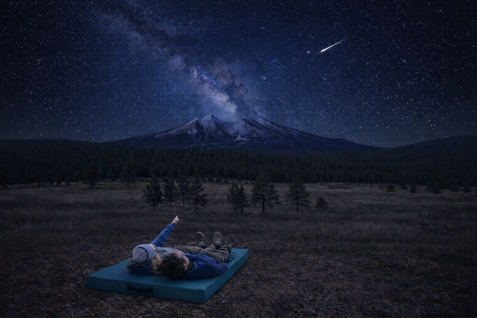 Two people lying on a mat under a starry night sky with a mountain in the background